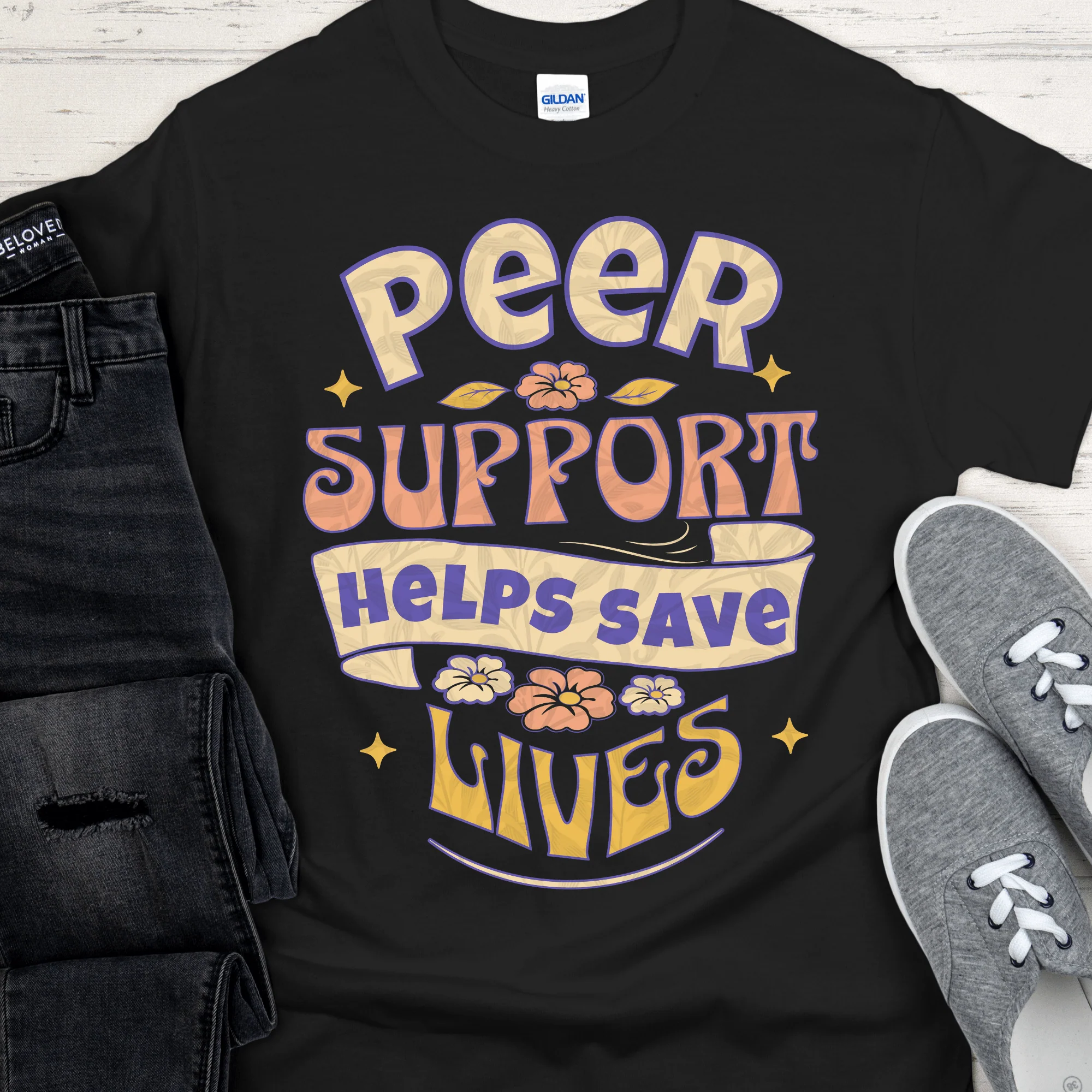 Recovery T-Shirt | Inspiring Sobriety | Peer Support Saves Lives (Retro) - Image 3